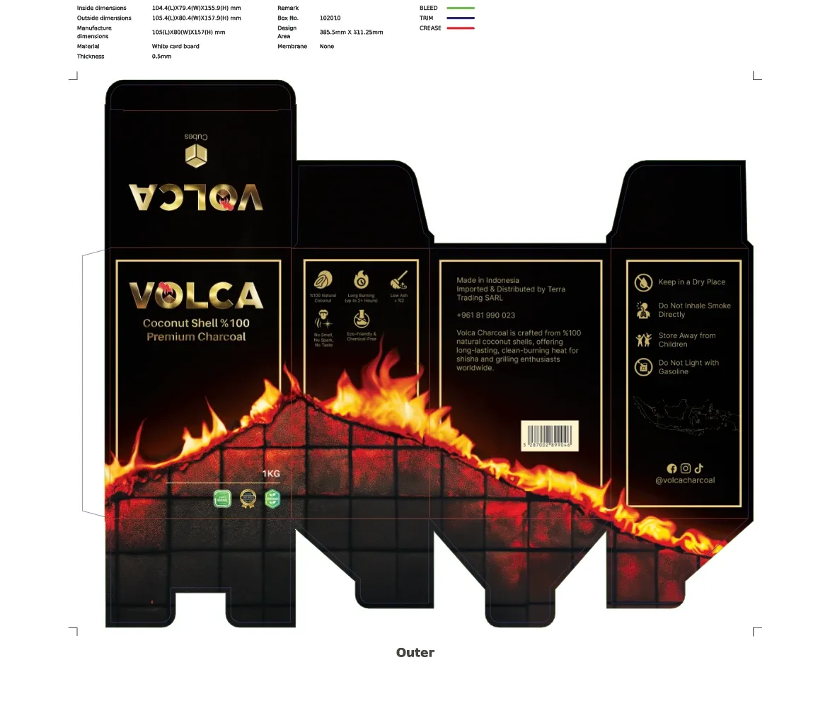 Volca 1 kg box die cut: outer sheet with bleed, trim and crease lines and the box specifications
